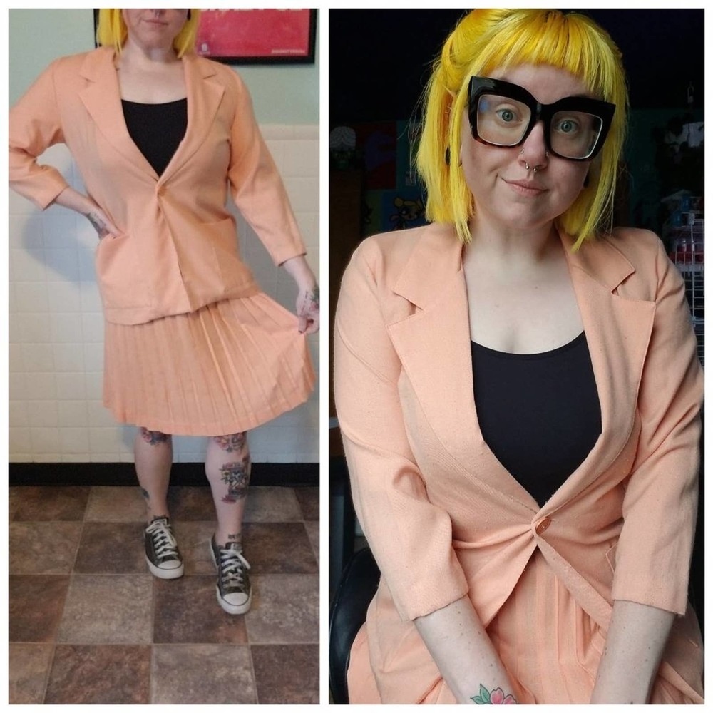 Vintage 70's 80's Peach Matching Blazer Pleated Midi Skirt Set